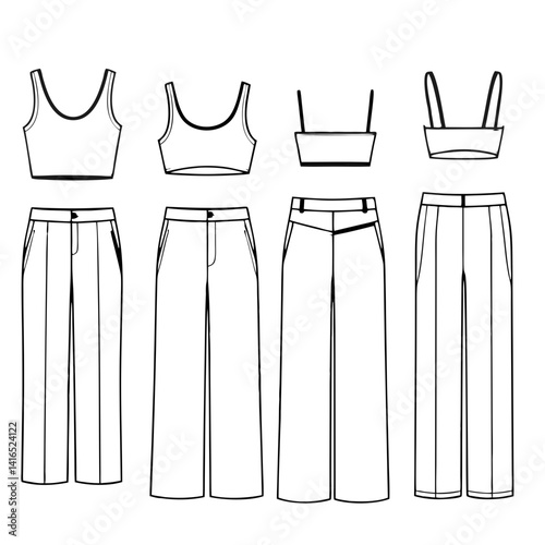 series of black tank tops are displayed row, each with slightly different neckline and strap width, showcasing variations design. minimalist illustration highlights subtle differences style and