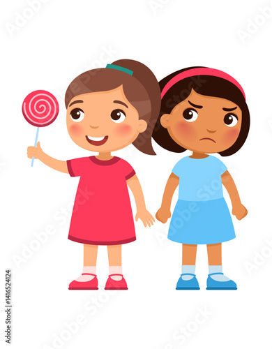 One girl is smiling and holding a large lollipop in hand. Other girl is unhappy, frowning and looking at the lollipop with envy or irritation
Cartoon character illustration