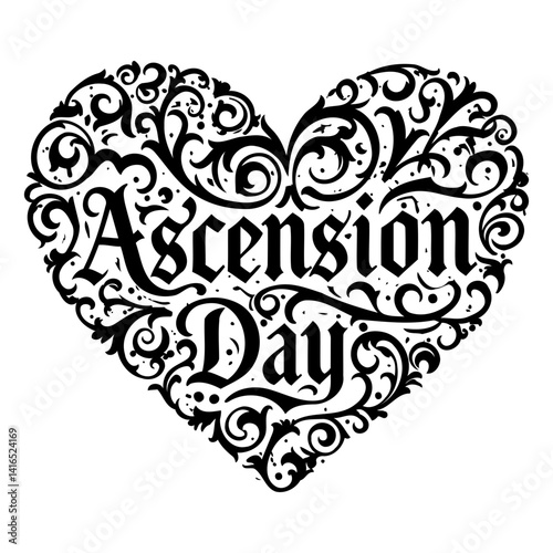 Ornate, heart-shaped graphic of Ascension Day in a decorative, black and white, vintage style. Suitable for religious, historical, or artistic projects in advertising, editorial, or marketing.