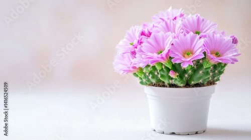 Wallpaper Mural Delicate pink flowers bloom from a small cactus plant in a white pot Torontodigital.ca
