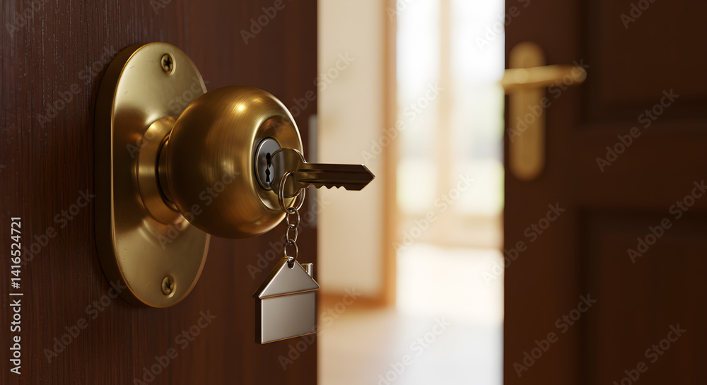 Gold Key Inserted in Golden Doorknob of a Wooden Door Providing Access to a New Home Gold Key Inserted in Golden Doorknob of a Wooden Door Providing Access to a New Home