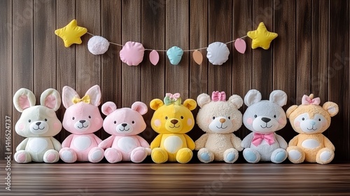 Charming knitted stuffed animals ensemble capturing childhood whimsy and playful innocence on vintage wooden backdrop with decorative garland accents