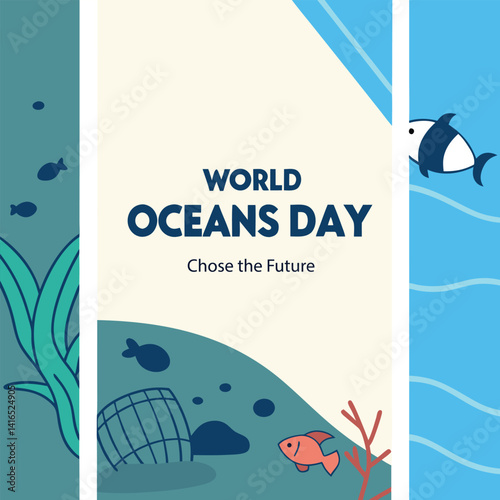 World Oceans Day Celebration: Celebrate the world oceans day with this illustrated design. This striking image emphasizes the importance of marine life with a clean, graphic aesthetic and bold colors.