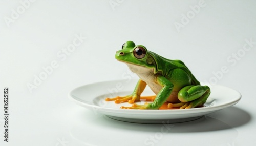 White plate with a slimy green frog sitting on it, plate, slimy, water