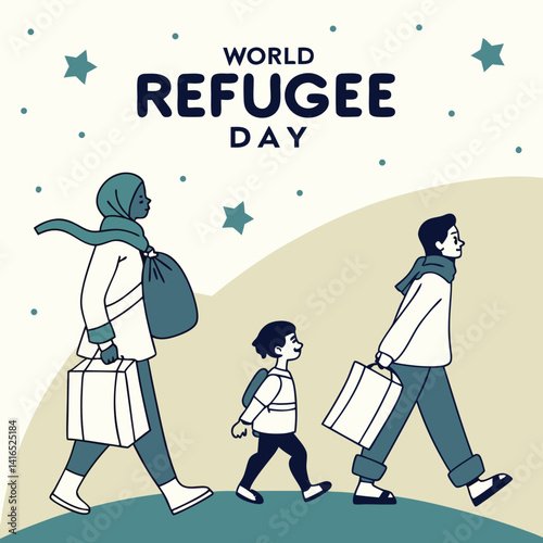 World Refugee Day Illustration: A poignant illustration symbolizing the global refugee crisis, featuring a family embarking on a journey towards an uncertain future, carrying their belongings.