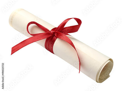 Gift certificate rolled certificate with a red ribbon isolated on transparent background	
