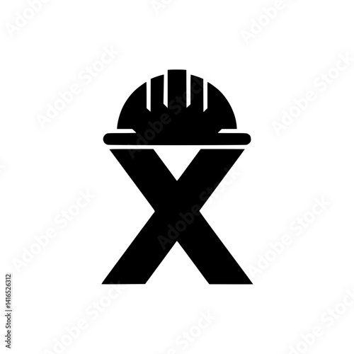 Letter X with Construction Worker Helmet Graphic, Bold black letter X illustrated with a construction hard hat, symbolizing safety, engineering, and industrial labor through creative typography.

