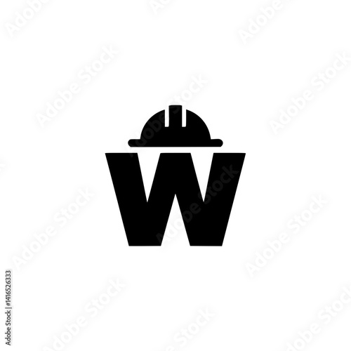 Letter W with Construction Hard Hat Design, Creative black letter W wearing a construction helmet, merging bold typography with themes of industrial safety and manual labor.

