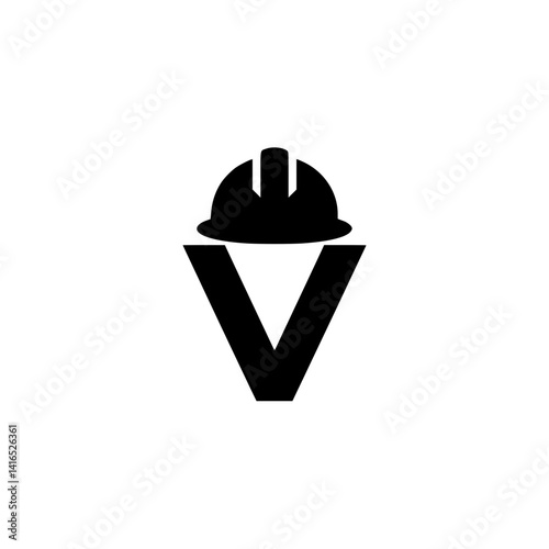 Letter V with Construction Worker Helmet Design, Bold black letter V illustrated with a construction hard hat, creatively representing industrial labor, safety, and engineering themes.

