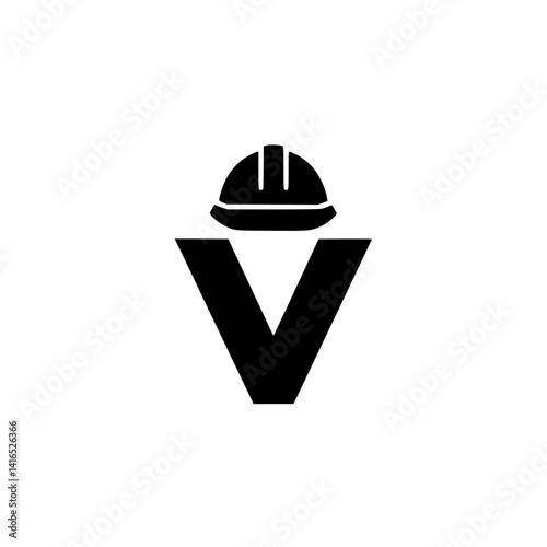 Letter V with Construction Worker Helmet Design, Bold black letter V illustrated with a construction hard hat, creatively representing industrial labor, safety, and engineering themes.

