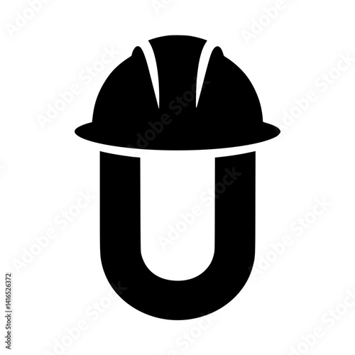 Letter U with Construction Helmet Graphic, Stylized black letter U topped with a construction hard hat, symbolizing safety, industry, and labor in a creative letterform.

