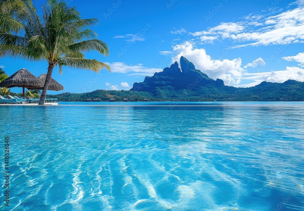 Fototapeta premium Crystal Clear Waters of Tropical Paradise with Lush Green Mountains Under Bright Blue Sky and Fluffy White Clouds in Reflection on Calm Surface