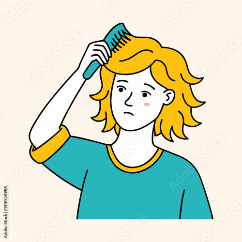 A disgruntled person combing their hair awareness vector illustration, Self love theme on a beige background with black outline