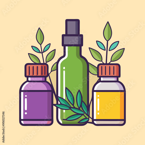 Illustration of three glass bottles with herbal plants, awareness vector illustration, Self love theme  suggesting natural remedies