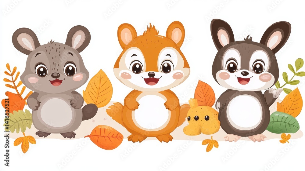 Obraz premium Charming woodland animal trio featuring adorable bunny squirrel and mouse with autumnal accents ideal for cute season children design projects