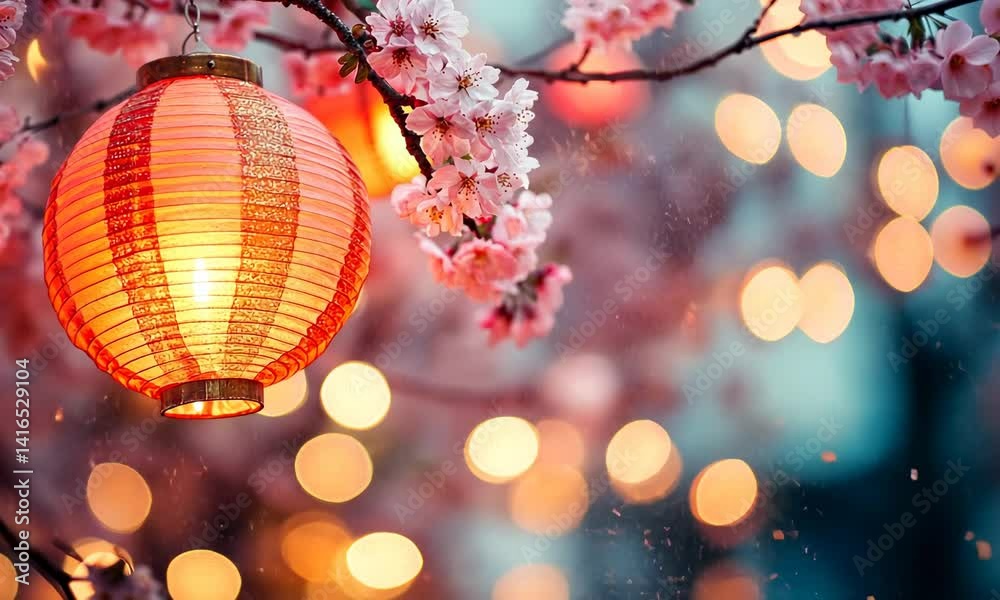 Chinese new year celebration in Asia. Pink, red and golden lantern on Japanese sakura tree for Lunar new year party. Background with glitter and bokeh lights. Cherry tree blossom