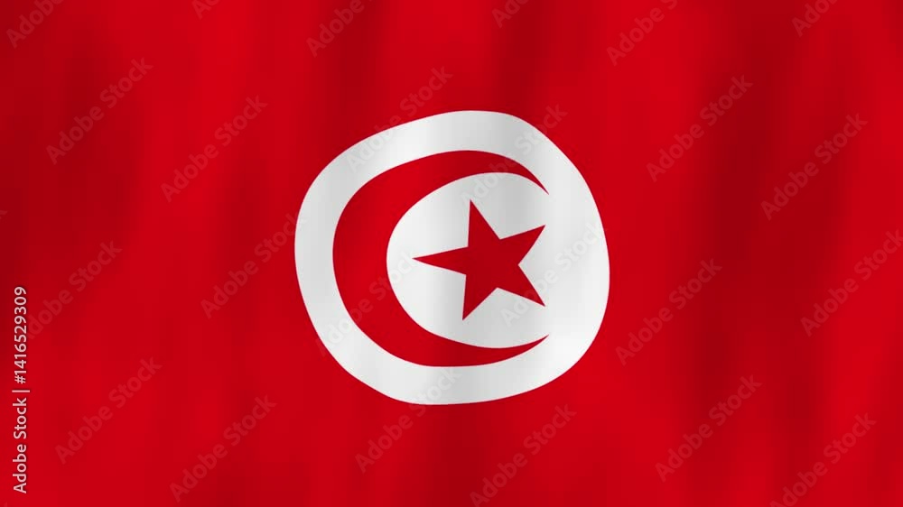 Tunisia flag country animation 3D symbol design waving in wind movement national patriotism world culture emblem banner republic North Africa red background star moon white circle