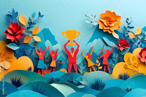 Team achievement celebrated amidst vibrant paper art landscape.