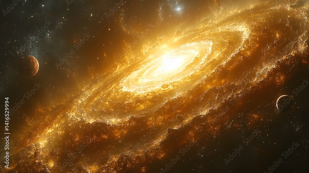 Obraz premium Swirling galaxy with orbiting planets and stars