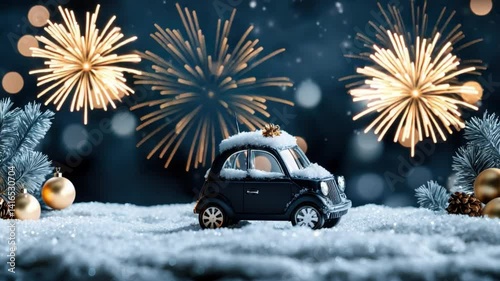 Festive Miniature Car Surrounded by Snow and Christmas Decorations with Fireworks in the Background Celebrating New Year’s Eve