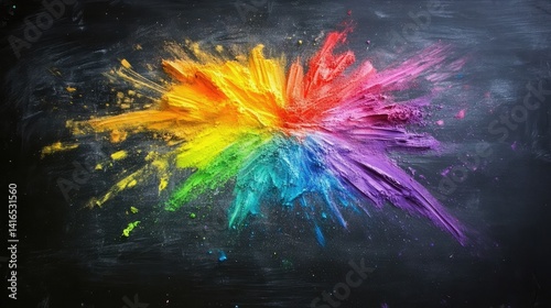 A burst of rainbow-colored chalk on a chalkboard surface, symbolizing creativity and artistic freedom with a clear space for design ideas