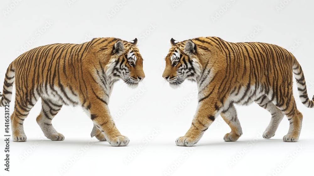 Obraz premium Elegant mirroring of majestic Bengal tigers walking with graceful strides against a pristine backdrop depicting wild beauty and feline power animal
