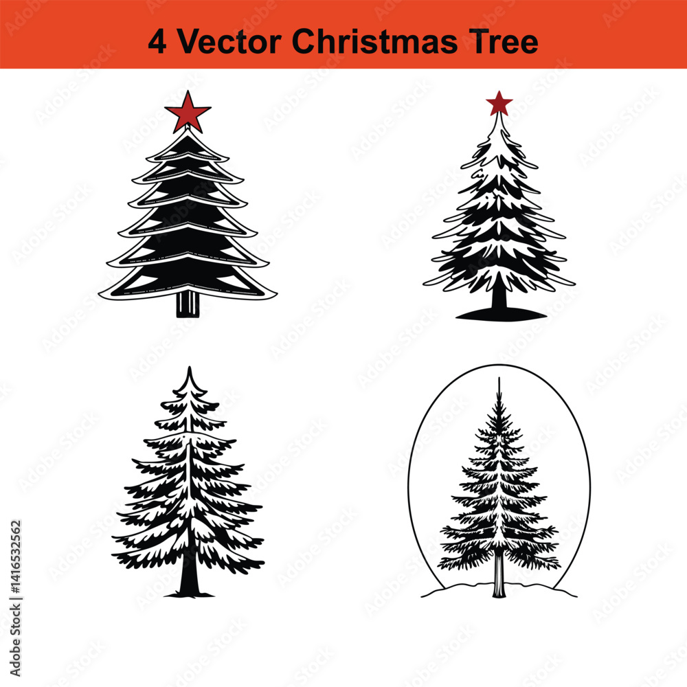 Fototapeta premium Minimalist Black and White Christmas Tree Silhouette,Christmas tree silhouette vector.