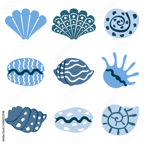 Vector illustration set of seashells, various sea animals, ocean, tropical beach, colorful summer holiday design elements for print design, modern, label, menu cover, icon. Flat vector illustration.
