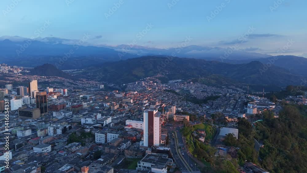 Aerial View Manizales Chipre Neighborhood with Mountains in the Background Pull Back Shot Aerial View Manizales Chipre Neighborhood with Mountains in the Background Pull Back Shot