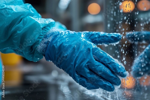 Professional cleaning service. A cleaning staff member in uniform and protective gloves is wiping a surface with specialized cleaning products. Concept of hygiene, cleanliness, and home or office care