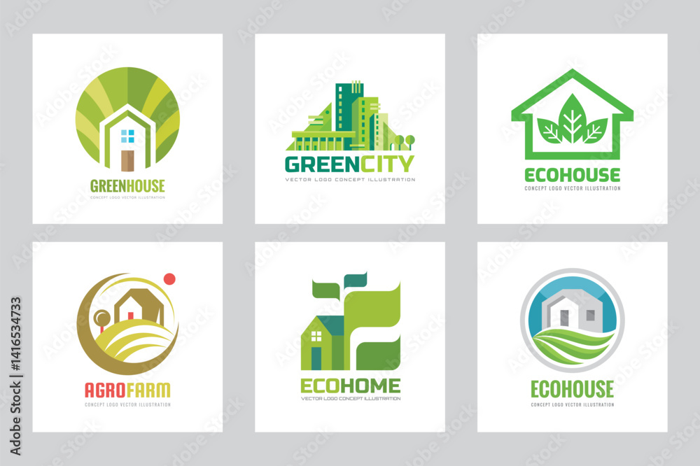 Eco house building - vector logo set concept illustration for presentation, booklet, website and other creative projects. Ecological real estate. Design elements.