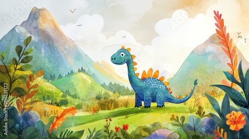 Cute dinosaur in vibrant landscape