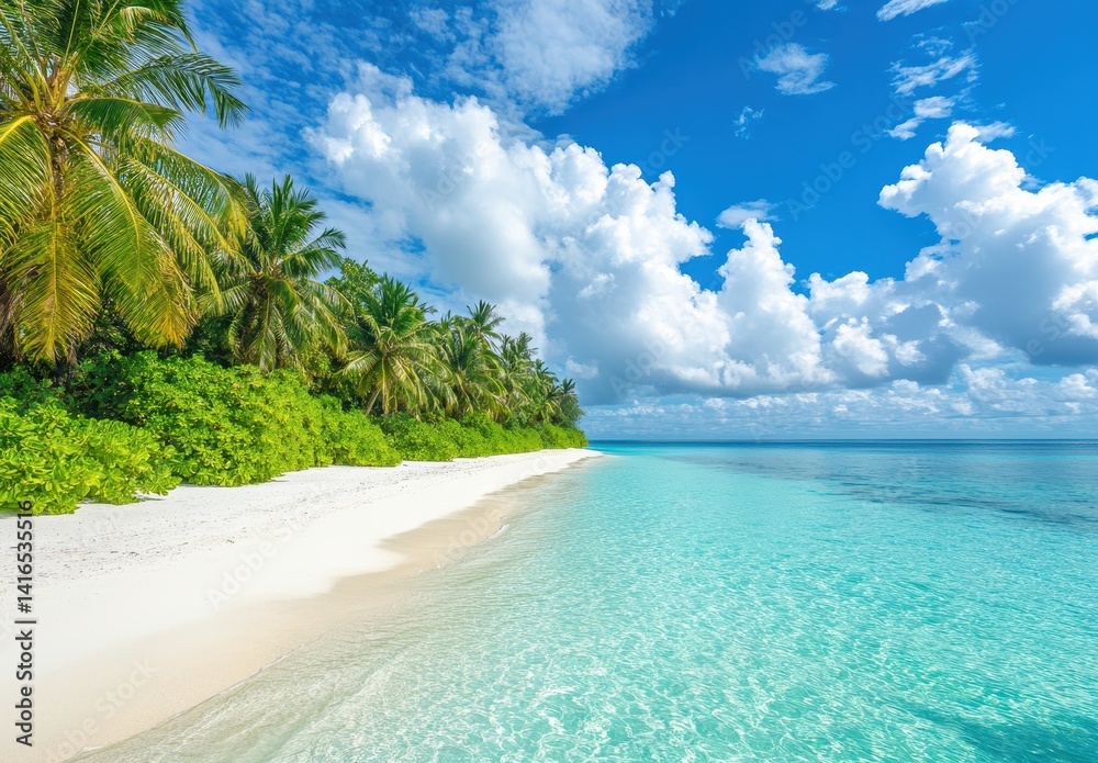 Fototapeta premium Serene Tropical Beach with Crystal Clear Water and Lush Palm Trees against a Bright Blue Sky in a Paradise Destination