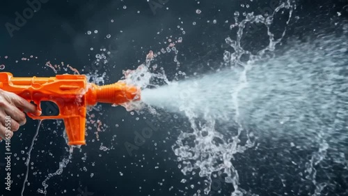 A vibrant water gun squirt creating a splash against a dark backdrop, perfect for summer fun and playful adventures.