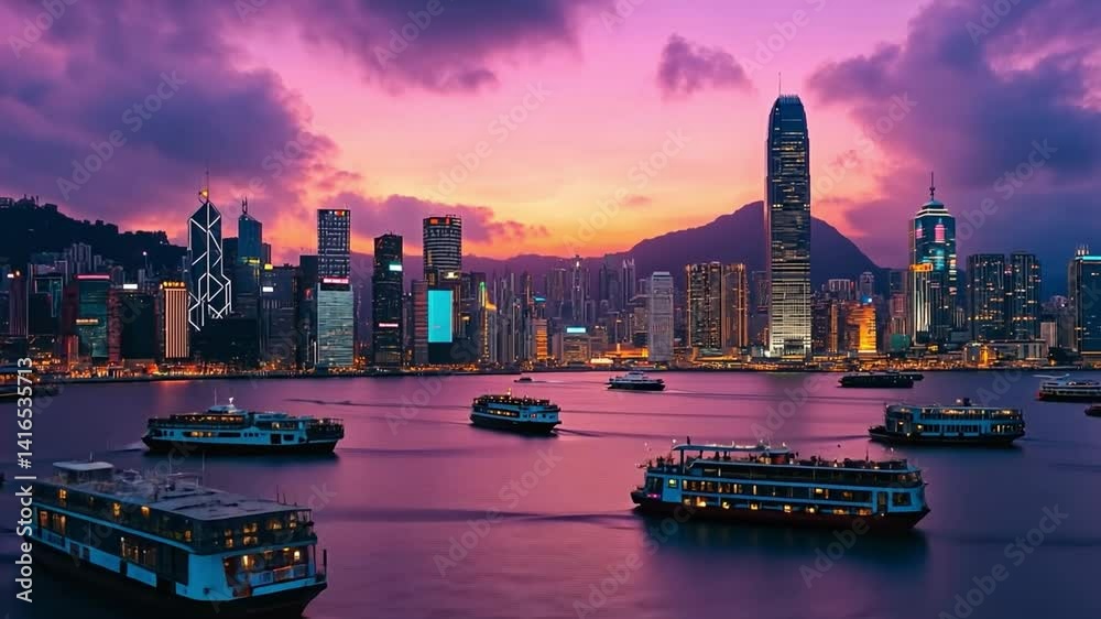 This footage captures the stunning sunset over Hong Kong. Vibrant colors illuminate the skyline. Perfect for projects showcasing city landscapes and maritime life. Generative AI