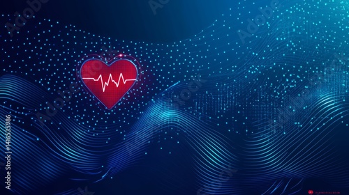 Red heart sign on blue pixelated wavy background, symbolizing love, care, and health, ideal for medical and pharmaceutical advertising, health awareness and wellness concepts