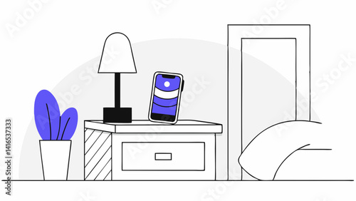 Digital-Free Bedroom at Night, Tech-Free Night Routine Vector, Calm Sleep Environment with No Devices, minimalist bedroom scene with phone in drawer and calm ambient light