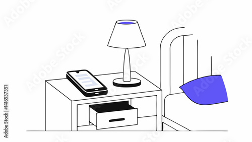 Digital-Free Bedroom at Night, Tech-Free Night Routine Vector, Calm Sleep Environment with No Devices, minimalist bedroom scene with phone in drawer and calm ambient light