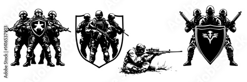 Sniper Soldier Vector Set – Tactical Shooting Pose Silhouettes

