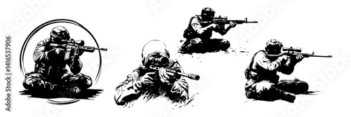 Sniper Soldier Vector Set – Tactical Shooting Pose Silhouettes


