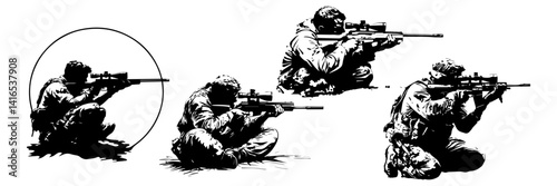 Sniper Soldier Vector Set – Tactical Shooting Pose Silhouettes

