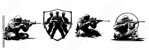 Sniper Soldier Vector Set – Tactical Shooting Pose Silhouettes

