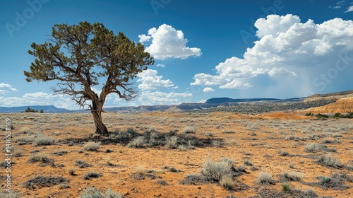 Lone tree standing in arid expanse, against a bright blue sky and clouds