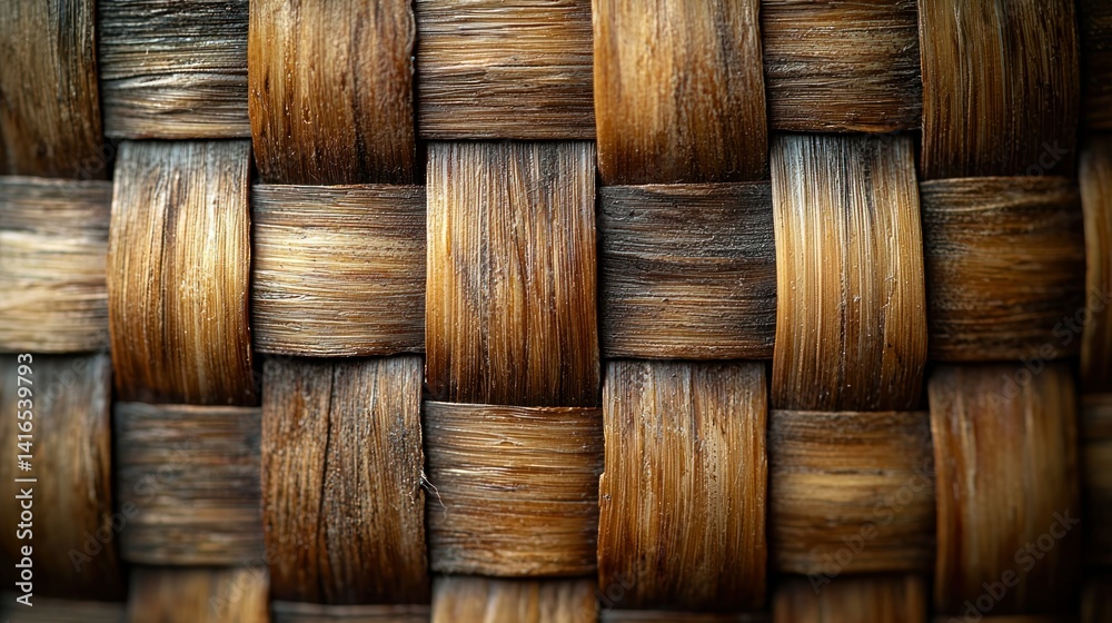 Close-up woven wooden texture. Intricate pattern of interlaced, natural wood strips forming a grid-like surface. Rich, warm brown tones create a visually appealing design Close-up woven wooden texture. Intricate pattern of interlaced, natural wood strips forming a grid-like surface. Rich, warm brown tones create a visually appealing design