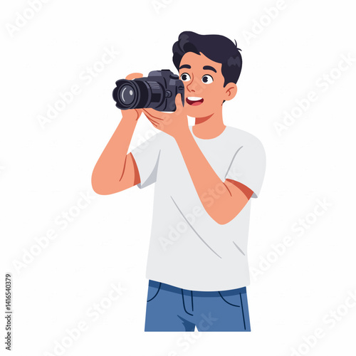 A teenager taking photos with a camera, curious and happy – style flat design, simple, minimalist, plain white background