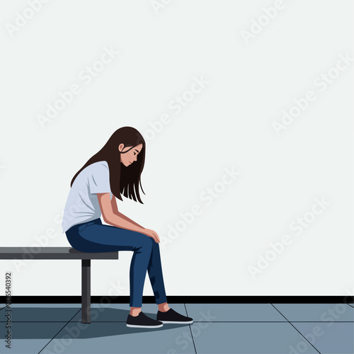 A teenager sitting alone on a bench, thoughtful expression – style flat design, simple, minimalist, plain white background