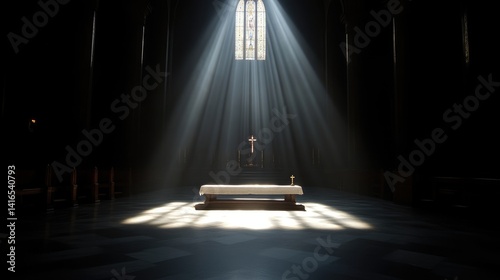 Empty church sanctuary bathed in sunlight