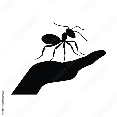 Vector silhouette of ant sitting on human hand