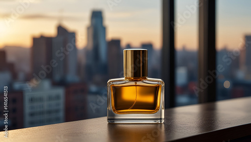 Elegant rectangular perfume bottle with a golden liquid set against a warm cityscape at sunset exuding luxury and sophistication