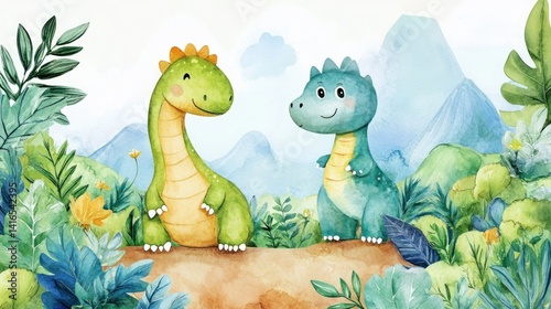 Fototapeta Naklejka Na Ścianę i Meble -  Cute dinosaurs in a lush jungle (5)